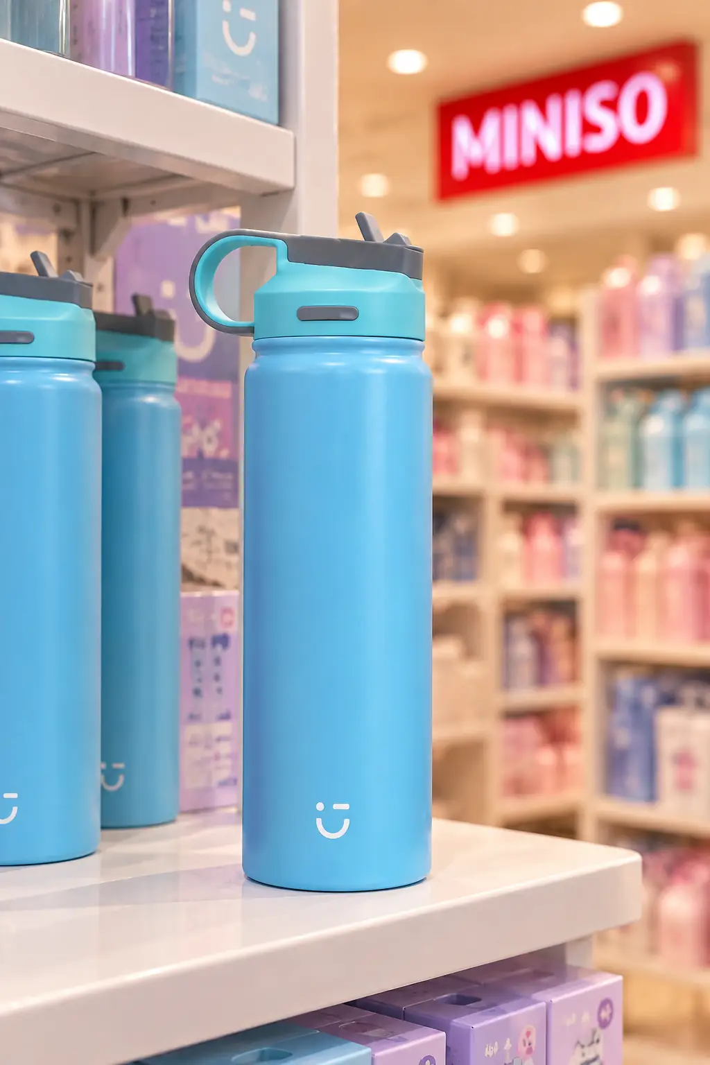 Miniso Lisanslı Klasik Tasarım Pipetli Çelik Suluk 900 ml – Sızdırmaz Kapaklı Mavi