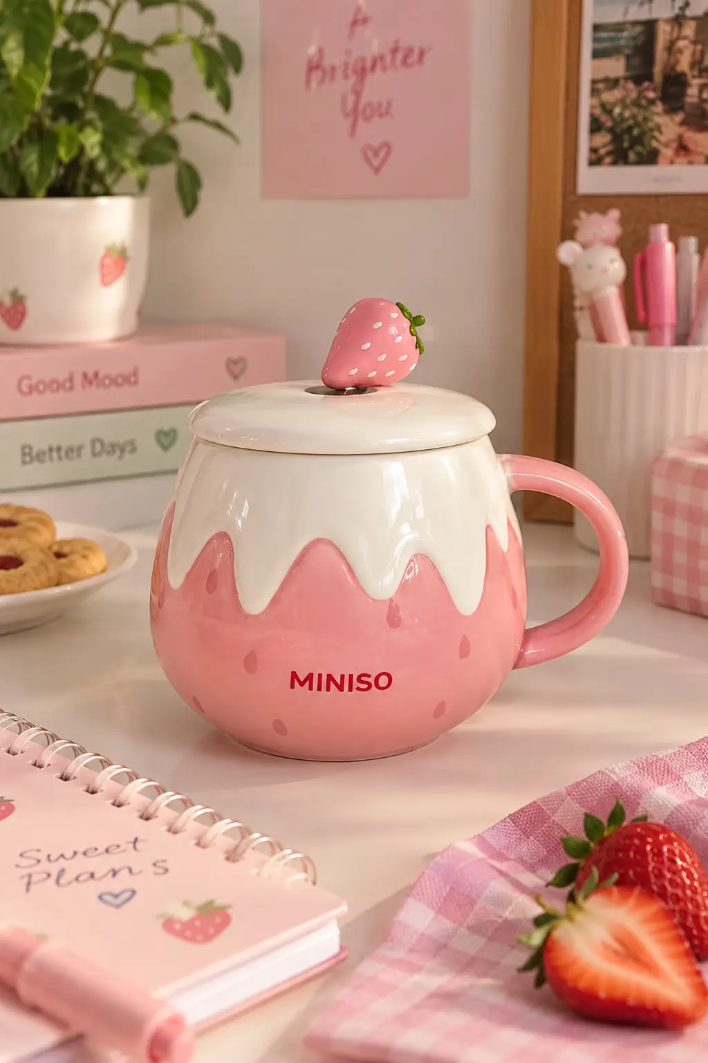 Miniso Lisanslı Çilek Kaşıklı Seramik Kupa 396 mL – Kapaklı Tasarım