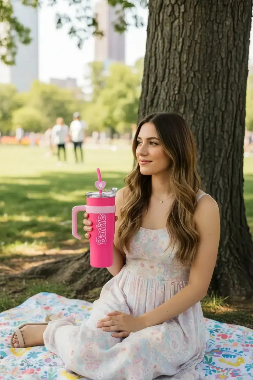 Barbie Lisanslı Pipetli ve Tutacaklı Paslanmaz Çelik Suluk Pembe 1600 ml