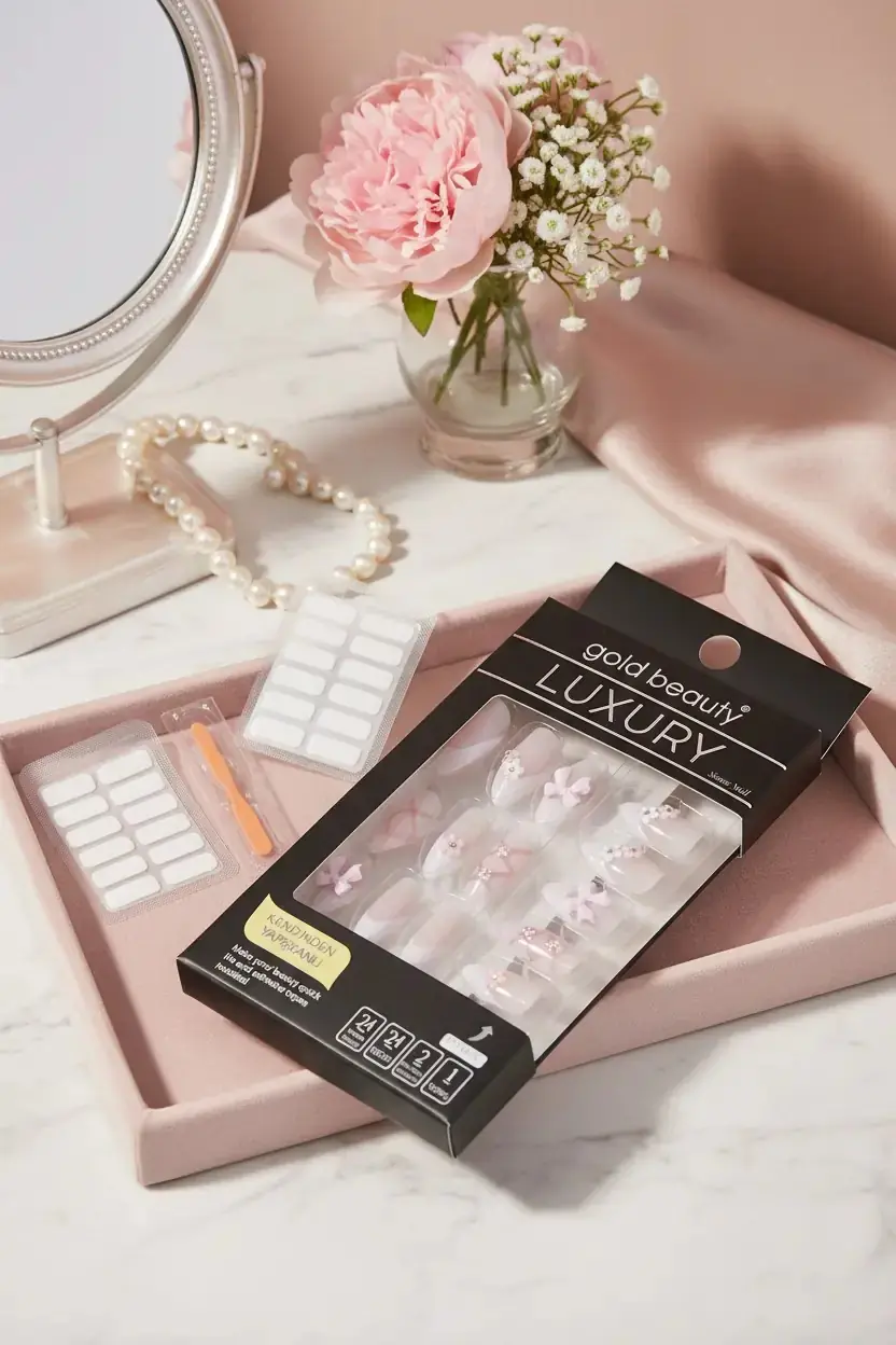 Gold Beauty Taşlı Takma Tırnak – Kendinden Yapışkanlı ve Zarif Detaylı Pratik Set