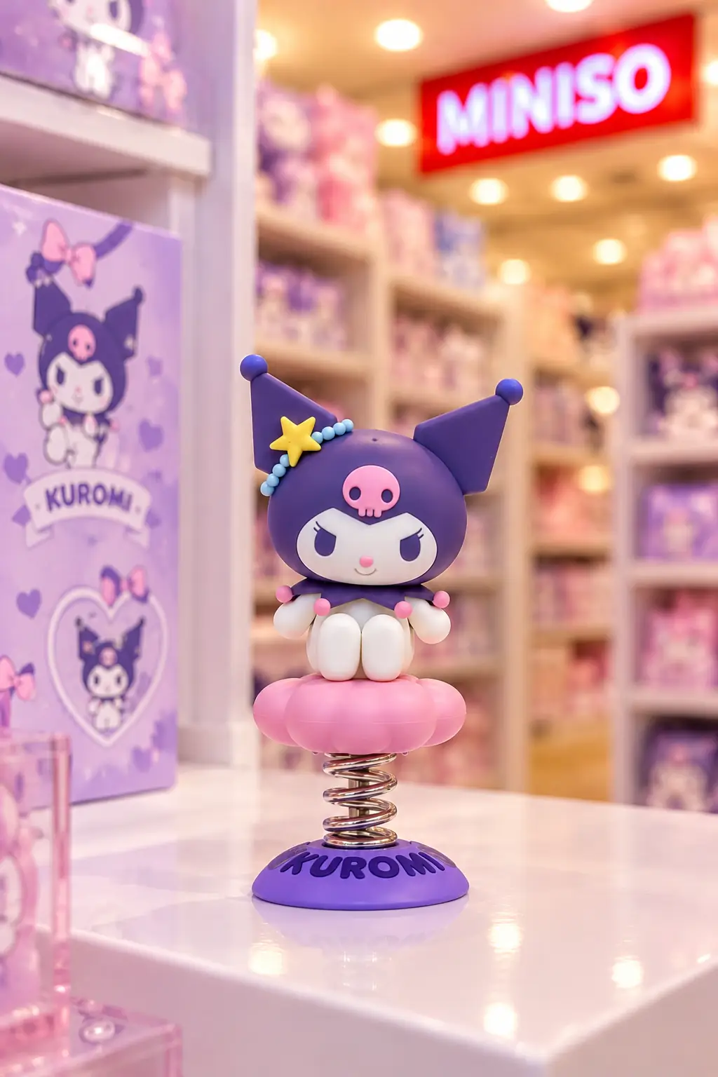 Sanrio Lisanslı Okyanus Hazinesi Hareketli Araba Süsü - Kuromi Figürlü Yaylı Dikiz Aynası Aksesuarı