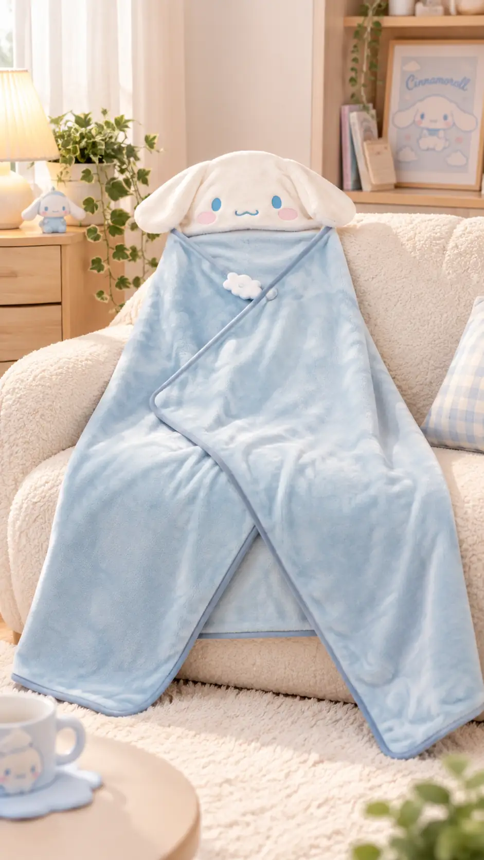 Cinnamoroll Lisanslı Kalın Kapüşonlu Battaniye 90 x 140 cm – Açık Mavi Yumuşak Tasarım