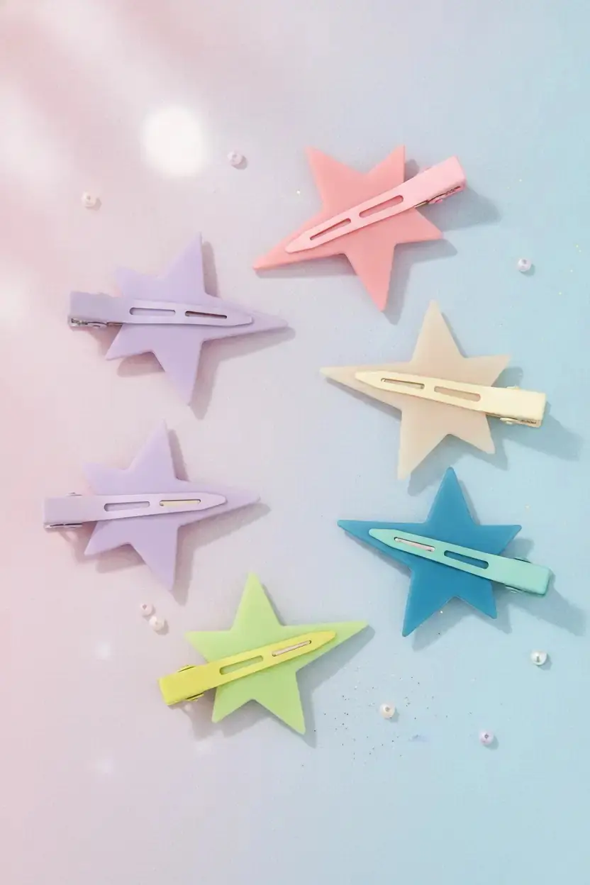 Miniso Lisanslı Renkli Yıldızlı Pens 2'li Toka Seti Pastel Aksesuar 11 Cm