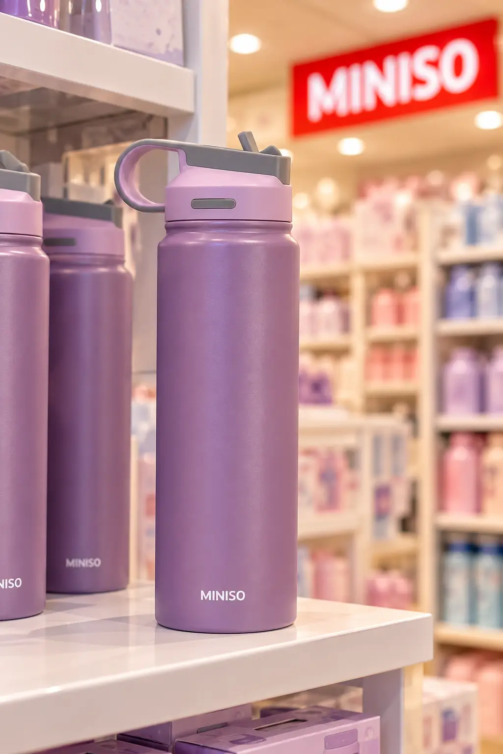 Miniso Lisanslı Klasik Tasarım Pipetli Çelik Suluk 900 ml – Sızdırmaz Kapaklı Mor