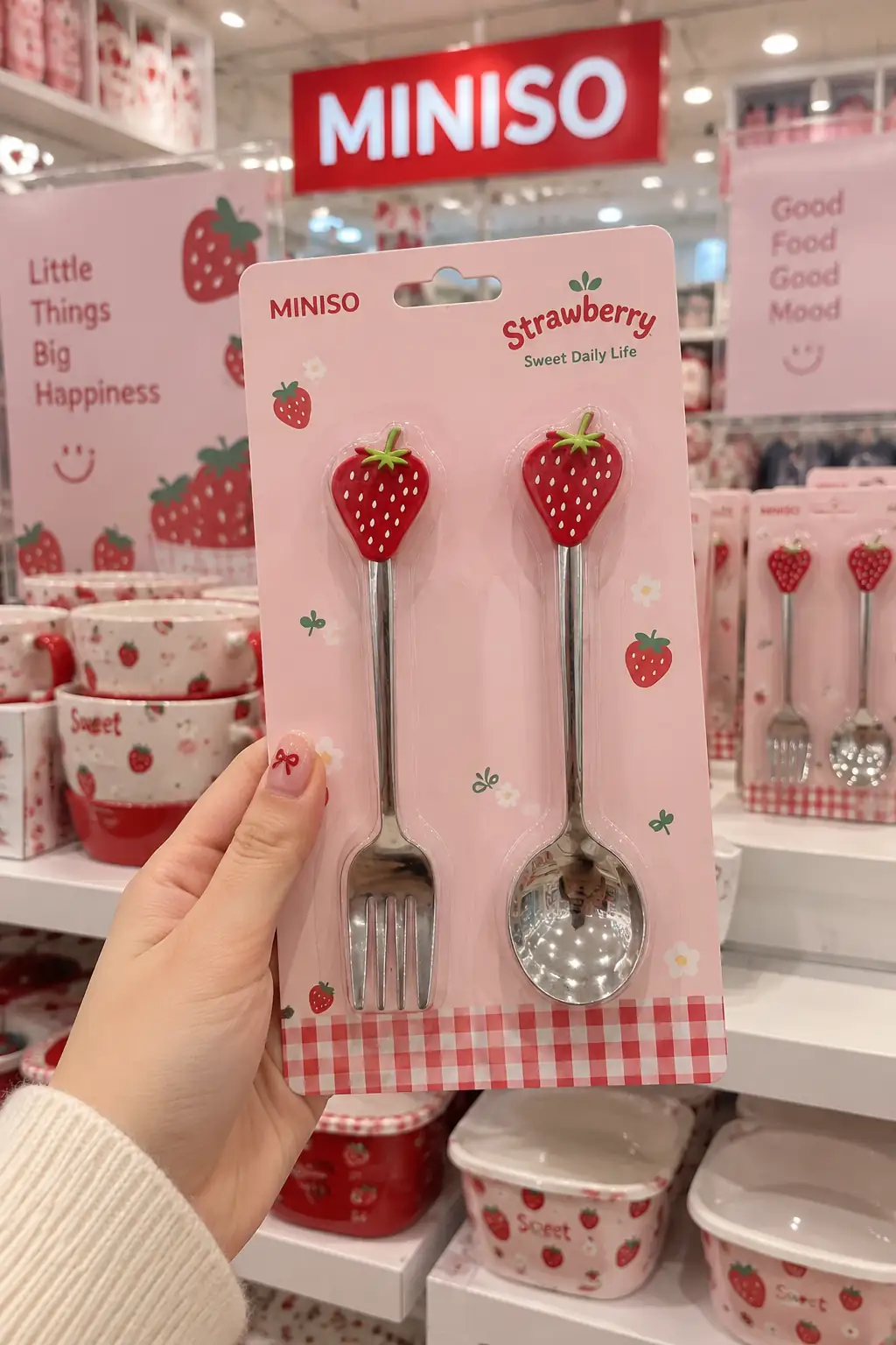 Miniso Lisanslı Strawberry Serisi Çatal ve Kaşık Seti – Çilek Figürlü İkili Model
