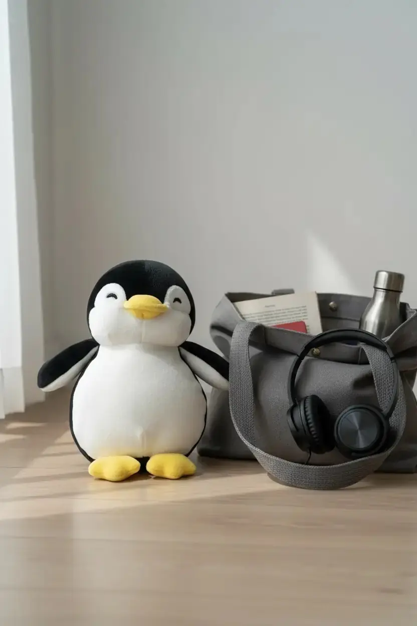 Miniso Lisanslı Küçük Mini Kalem Peluş Oyuncak Siyah Penguen – Yumuşak ve Dekoratif Figür 17 Cm