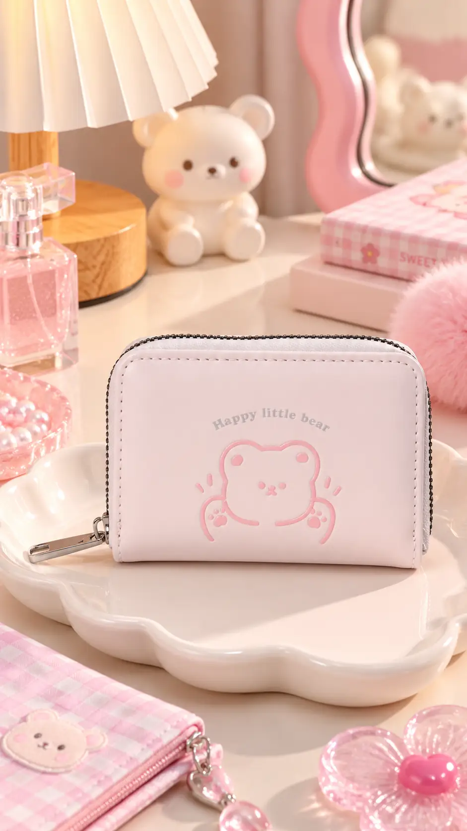 Miniso Lisanslı Little Bear Serisi Fermuarlı Mini Bozuk Para Çantası Pembe 11 Cm