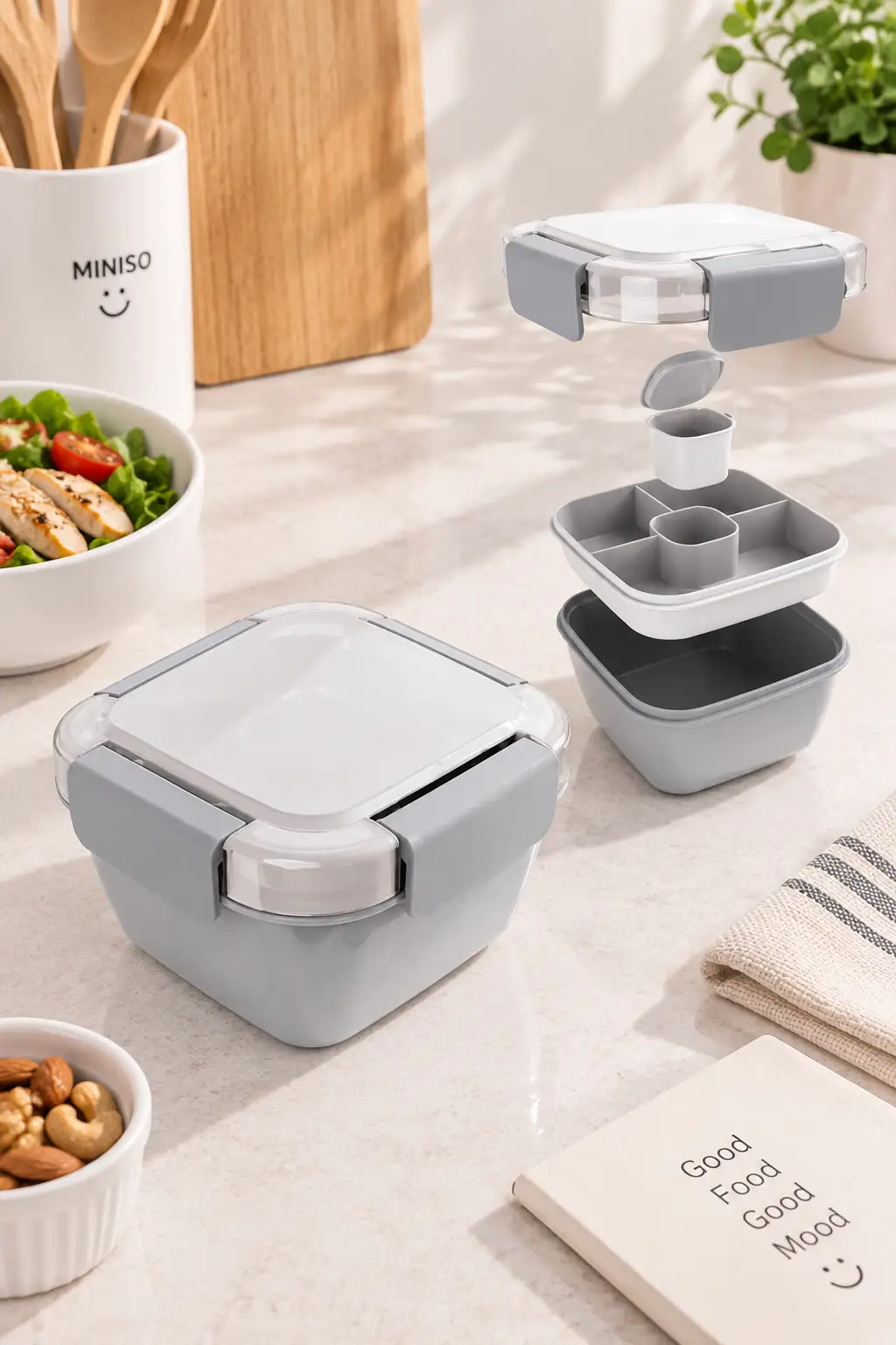 Miniso Lisanslı Graceful 2 Bölmeli Salata Kabı Gri 1.1 L