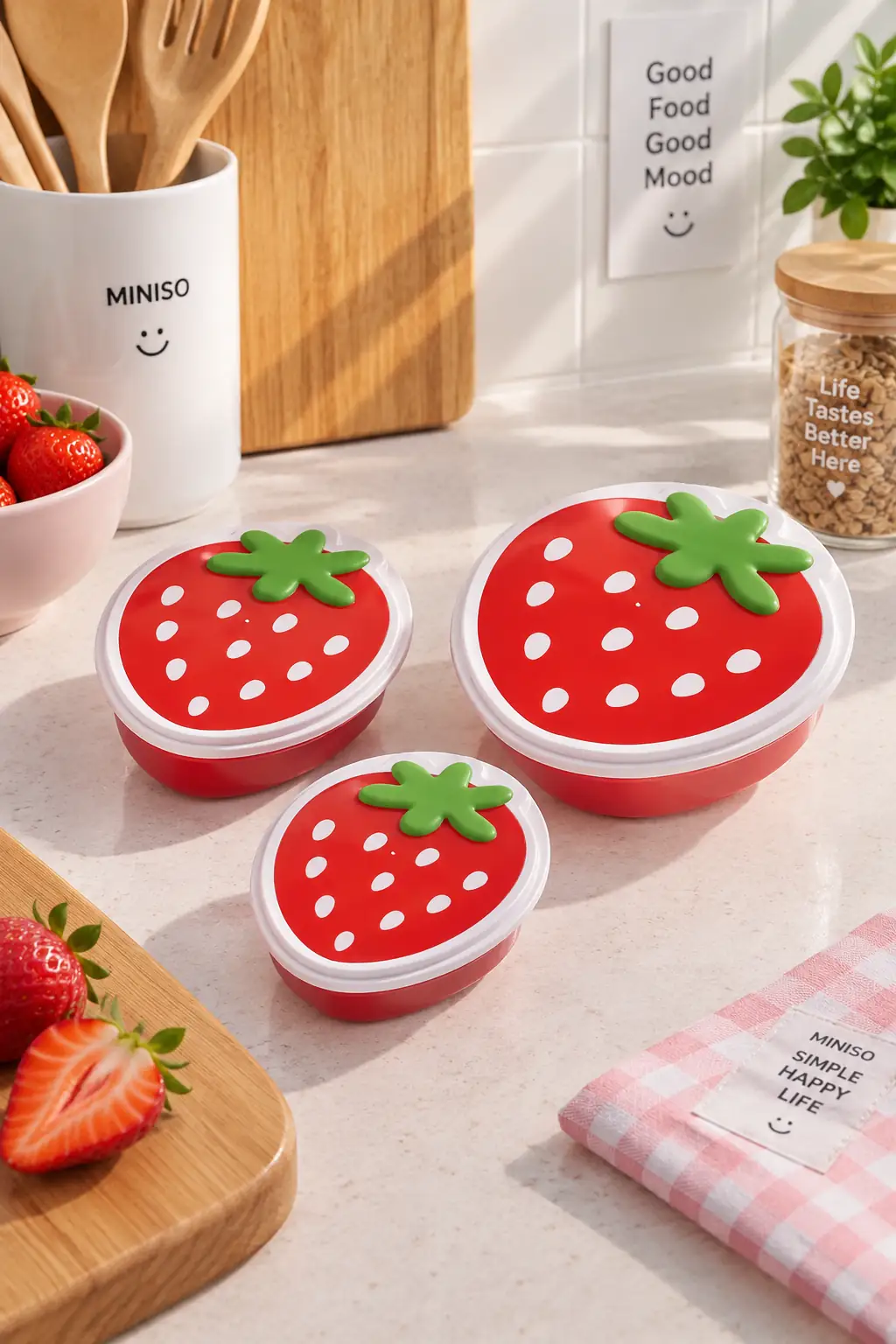 Miniso Lisanslı Çilek Serisi Mini Yemek Saklama Kabı Seti 3’lü – 14 Cm