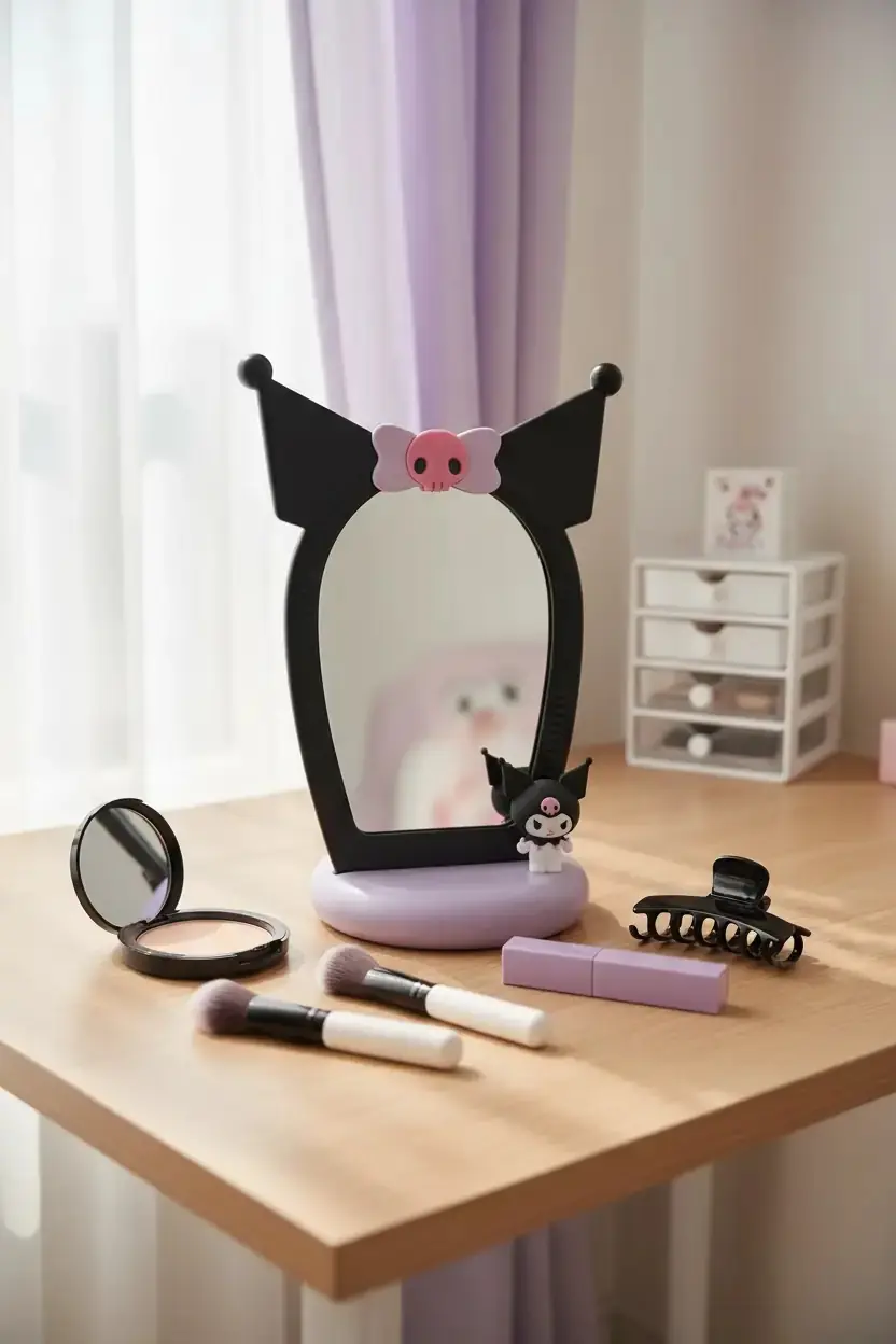 Sanrio Lisanslı Kuromi 3D Figürlü Masaüstü Makyaj Aynası – Dekoratif Tasarım