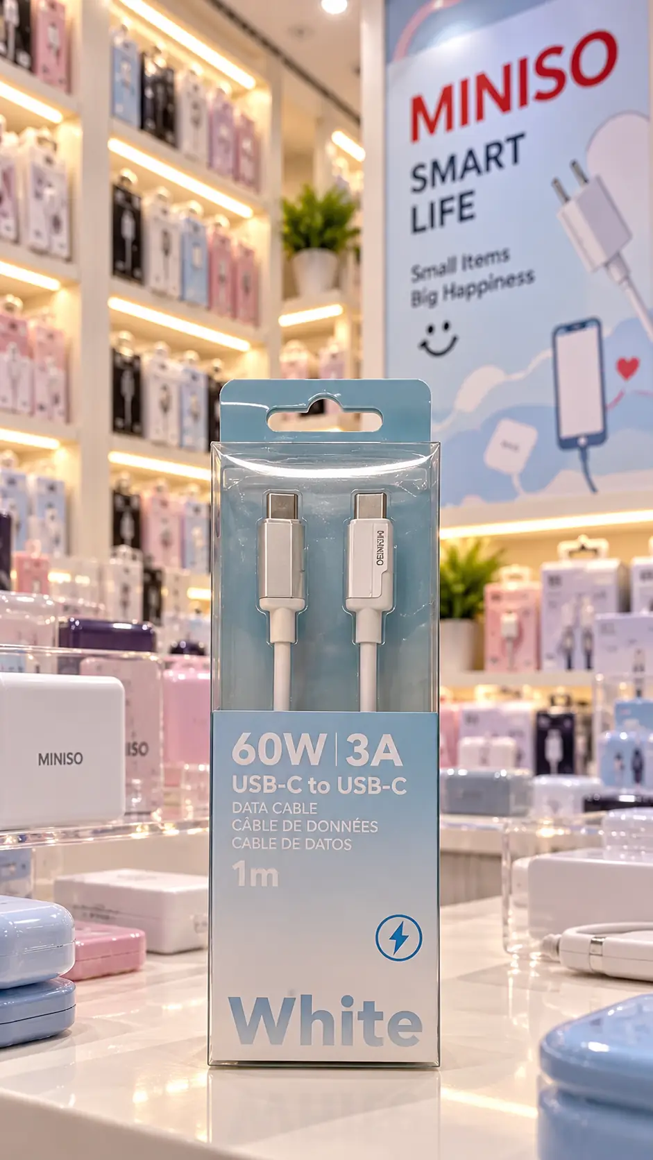 Miniso Lisanslı Macaron Serisi CTC Hızlı Şarj Veri Kablosu – 3A Beyaz