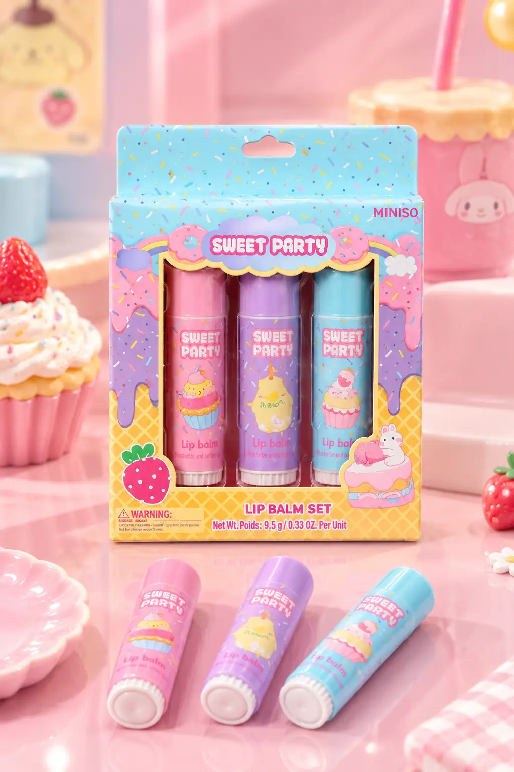 Miniso Lisanslı Tatlı Temalı Lip Balm Seti 3'lü – Çilek ve Üzüm Aromalı Dudak Bakımı