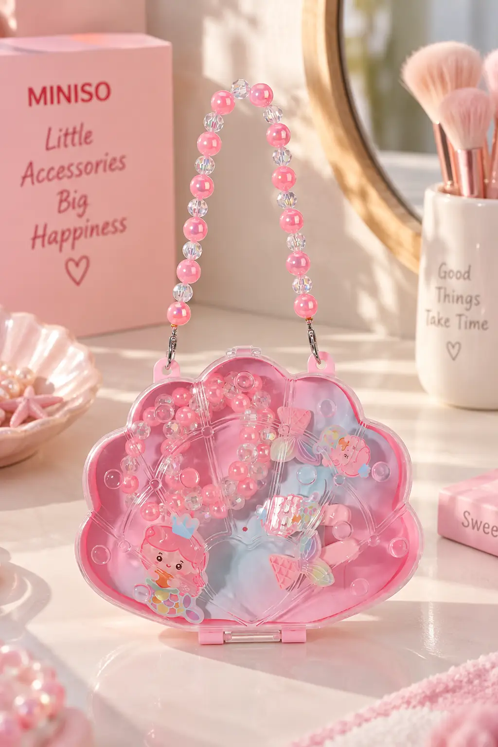 Miniso Lisanslı Deniz Kızı Figürlü Çocuk Kolye Bileklik ve Yüzük Takı Seti