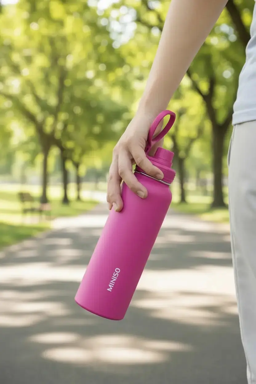 Miniso Lisanslı Klasik Tasarım Çelik Su Kabı – Sızdırmaz Kapaklı Ergonomik Tutacak Pembe 1400 ML