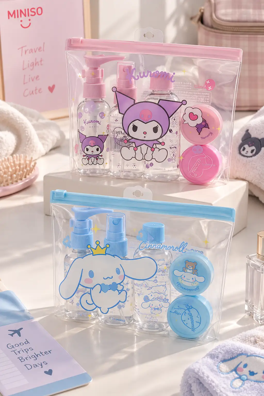 Sanrio Lisanslı Kuromi ve Cinnamoroll 5'li Seyahat Şişe Seti – Pratik ve Şık Şişe Seti 16,5 Cm