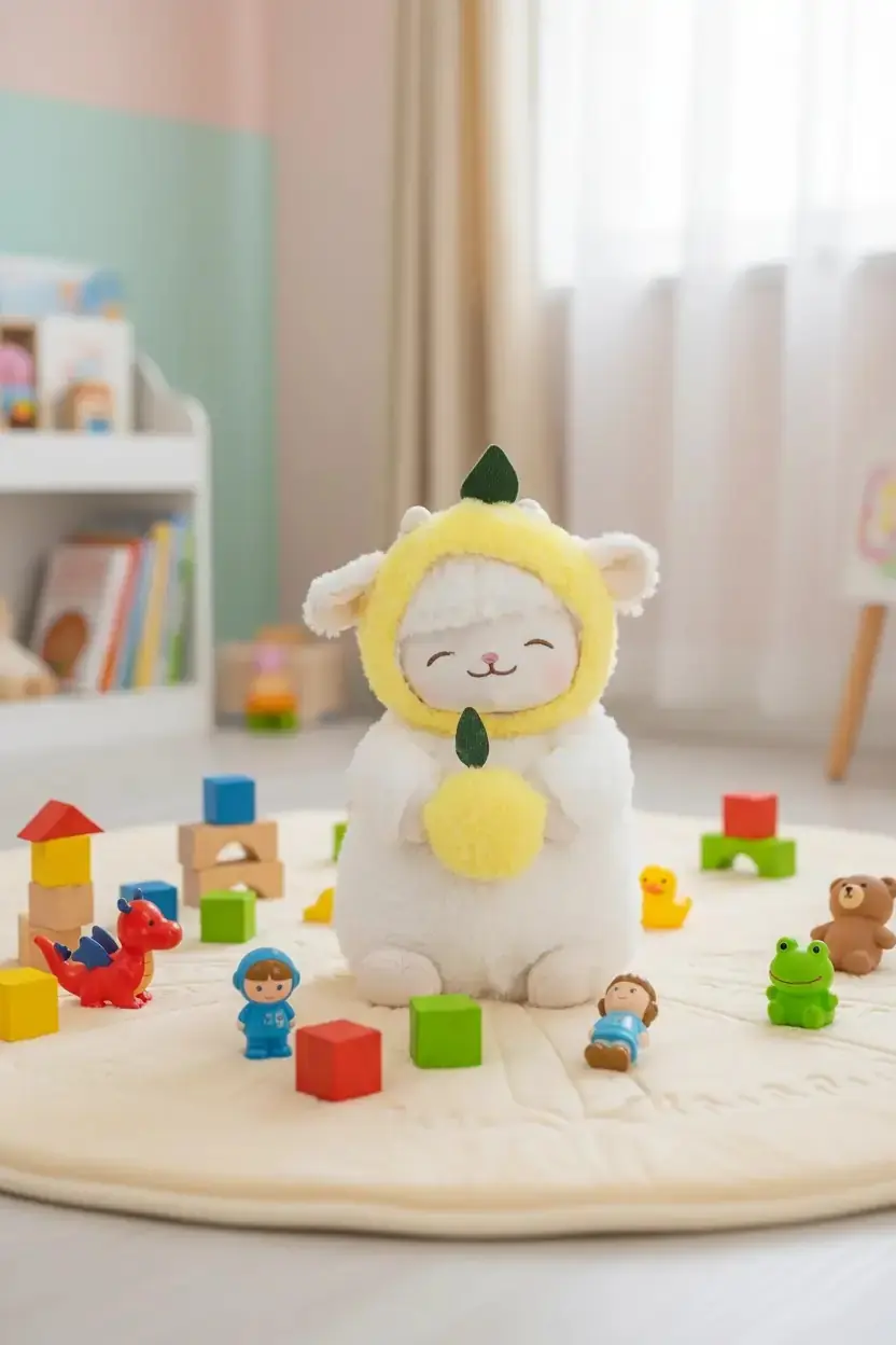 Miniso Lisanslı Kuzu Baa Serisi Peluş Oyuncak – Limon Kostümlü Yumuşacık Sarılmalık 25 Cm