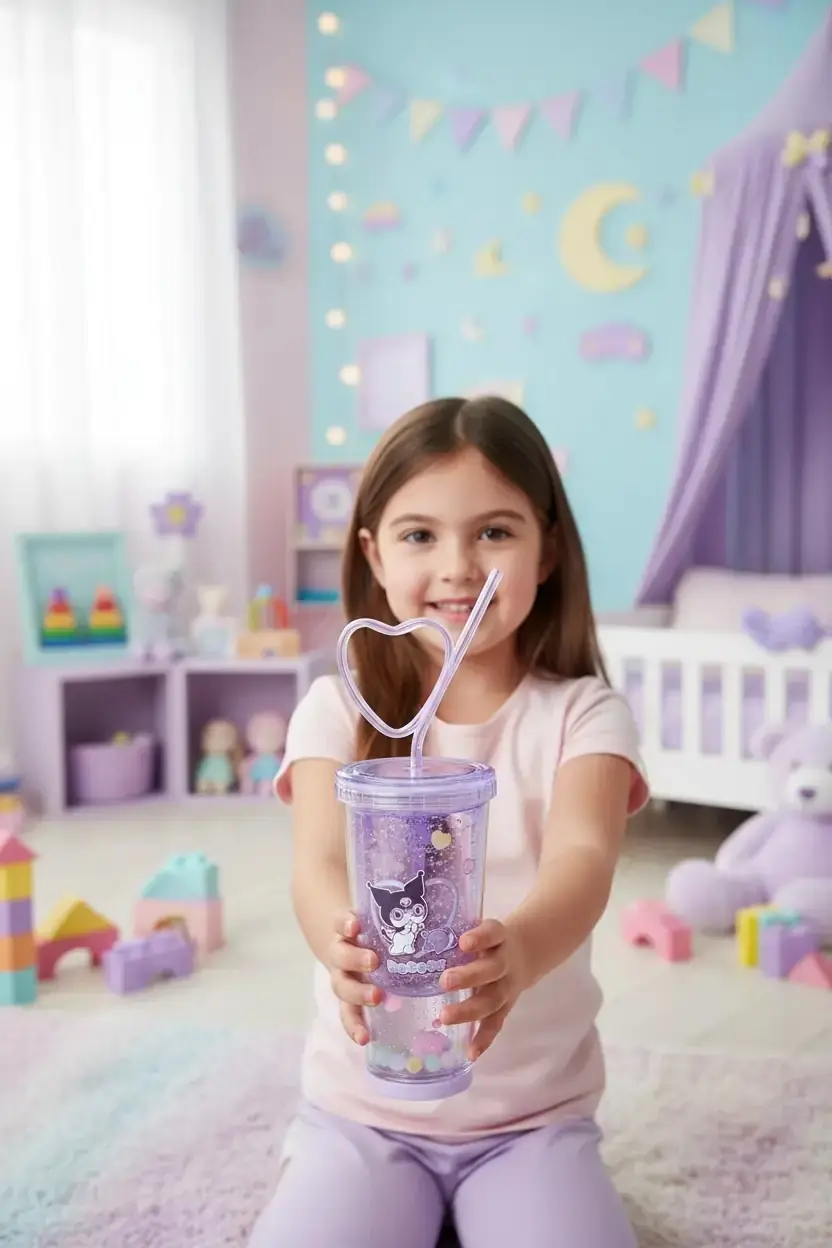 Sanrio Lisanslı Kuromi Tatlı Fabrikası Serisi Kalp Pipetli Çift Duvarlı Plastik Şişe 440 ml