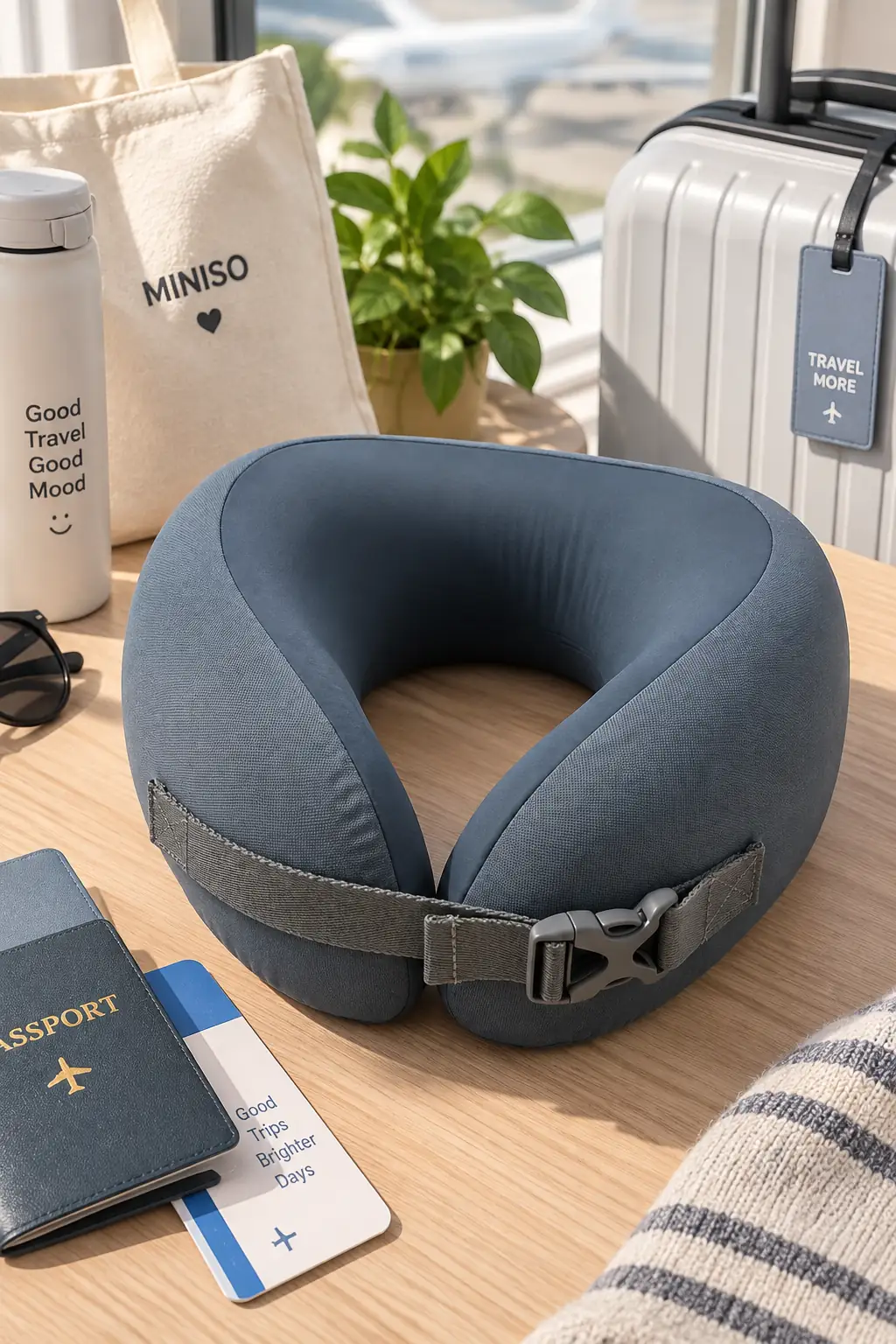 Miniso Lisanslı Hafızalı Sünger Boyun Yastığı Gri-Mavi – Yıkanabilir Kılıflı Seyahat Yastığı