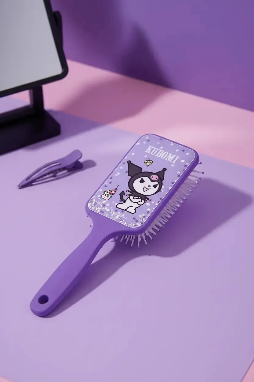 Sanrio Lisanslı Kuromi Simli Kare Paddle Saç Fırçası – Geniş Yüzeyli Tasarım