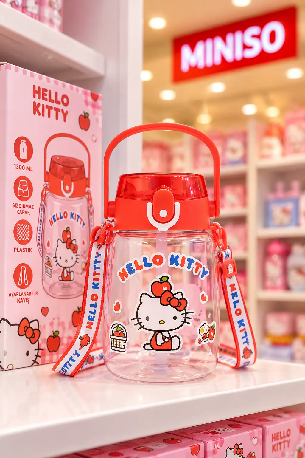Sanrio Lisanslı Hello Kitty Elma Koleksiyonu Plastik Suluk 1300 ml – Saplı ve Pipetli