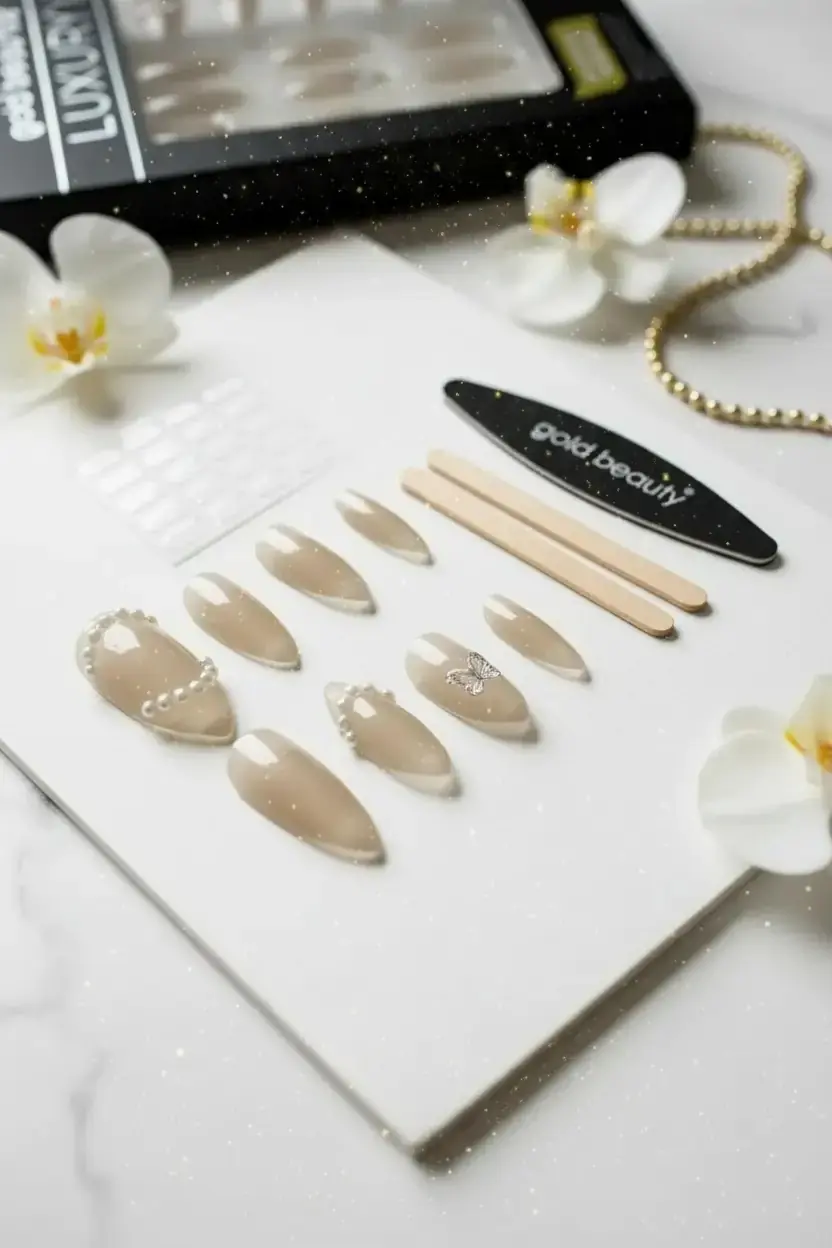 Gold Beauty Taşlı Takma Tırnak – Kendinden Yapışkanlı ve Zarif Detaylı Pratik Set