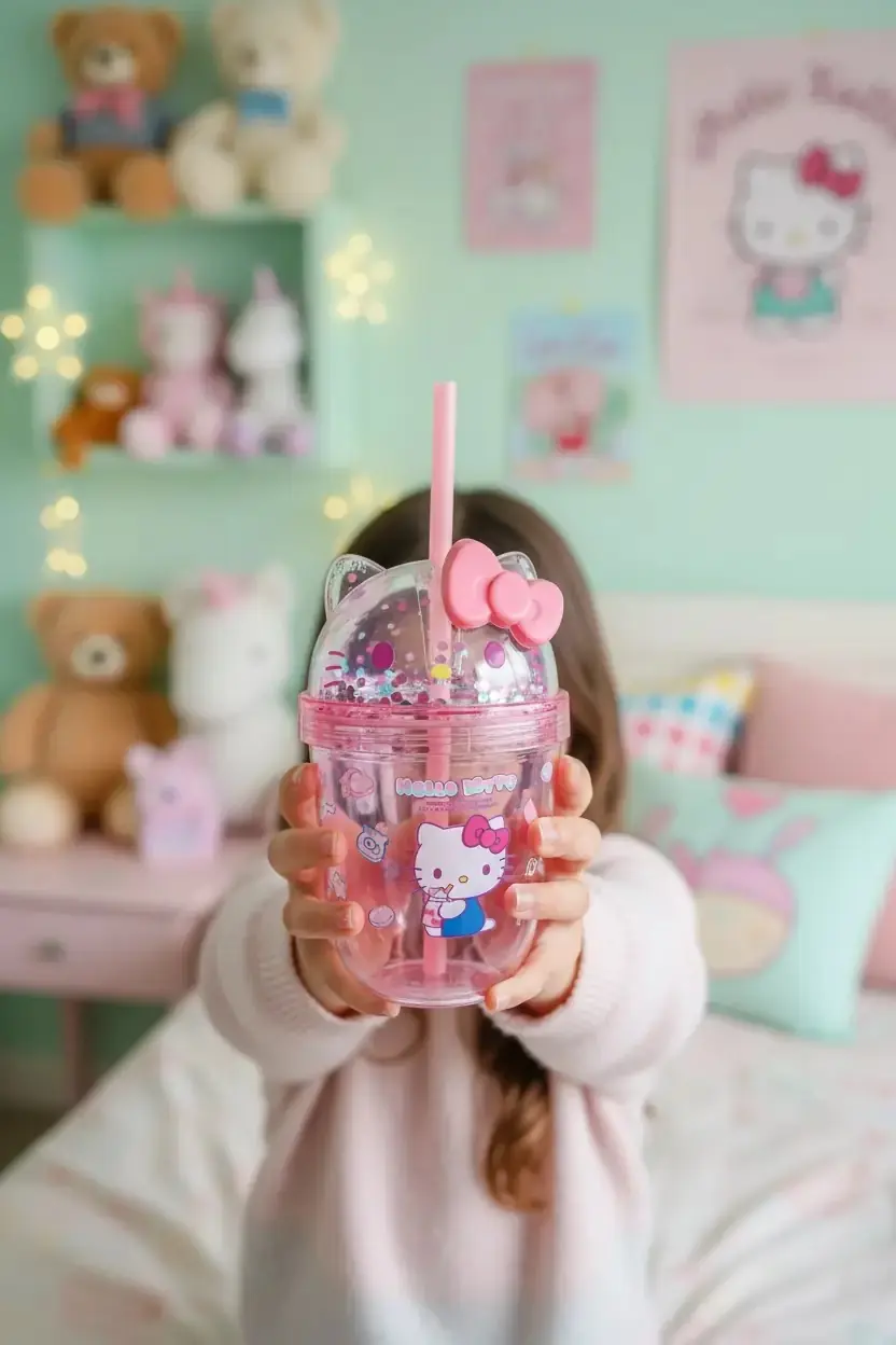 Sanrio Lisanslı Hello Kitty Tatlı Fabrikası Serisi Plastik Şişe Pipetli ve Süslemeli 435 mL