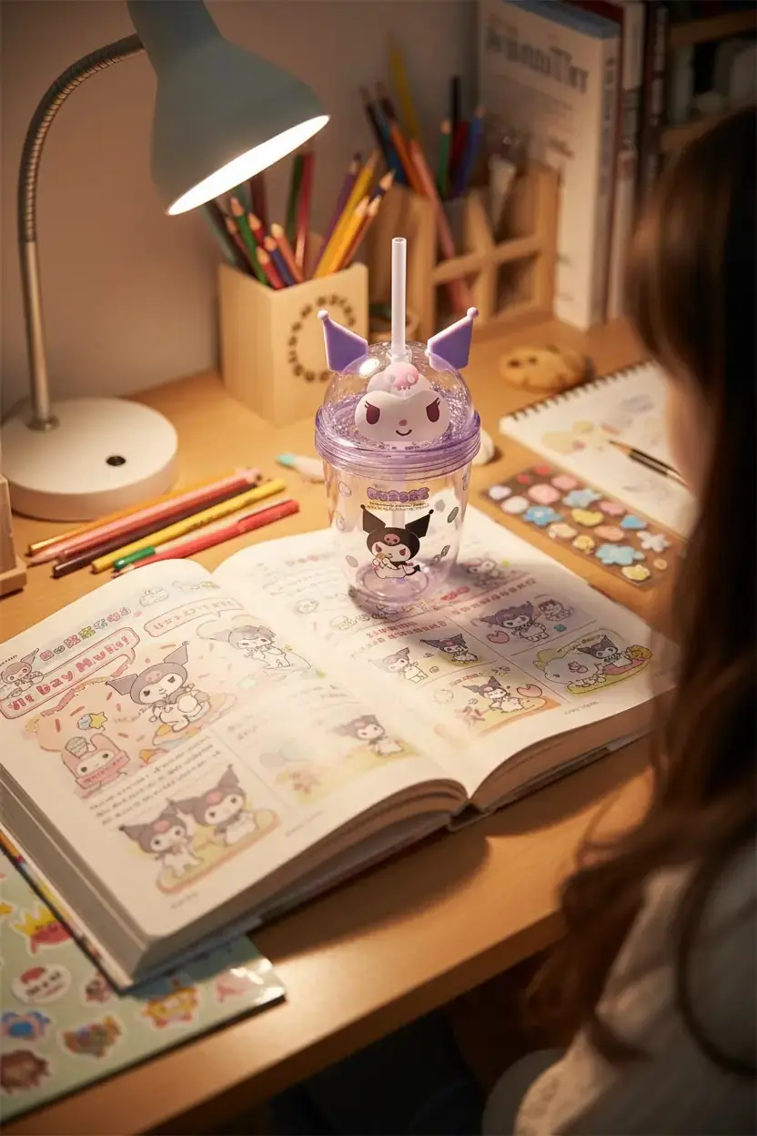 Sanrio Lisanslı Kuromi Tatlı Fabrikası Serisi Kulak Detaylı Pipetli Su Şişesi 435 ml