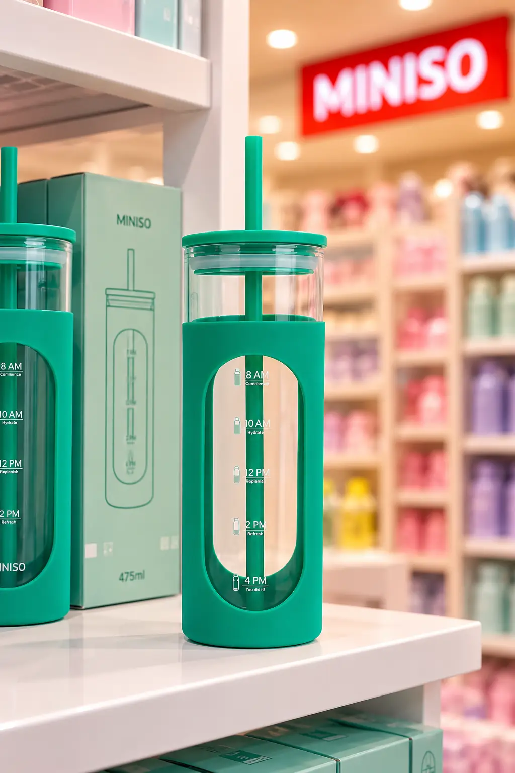 Miniso Lisanslı Silikon Kılıflı Pipetli Borosilikat Cam Şişe – Isıya Dayanıklı Çevre Dostu Matara