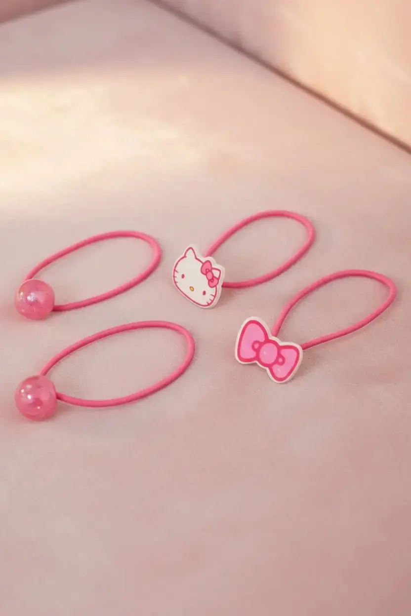 Sanrio Lisanslı Hello Kitty Saç Tokası Seti – 4 Adet Pembe Detaylı