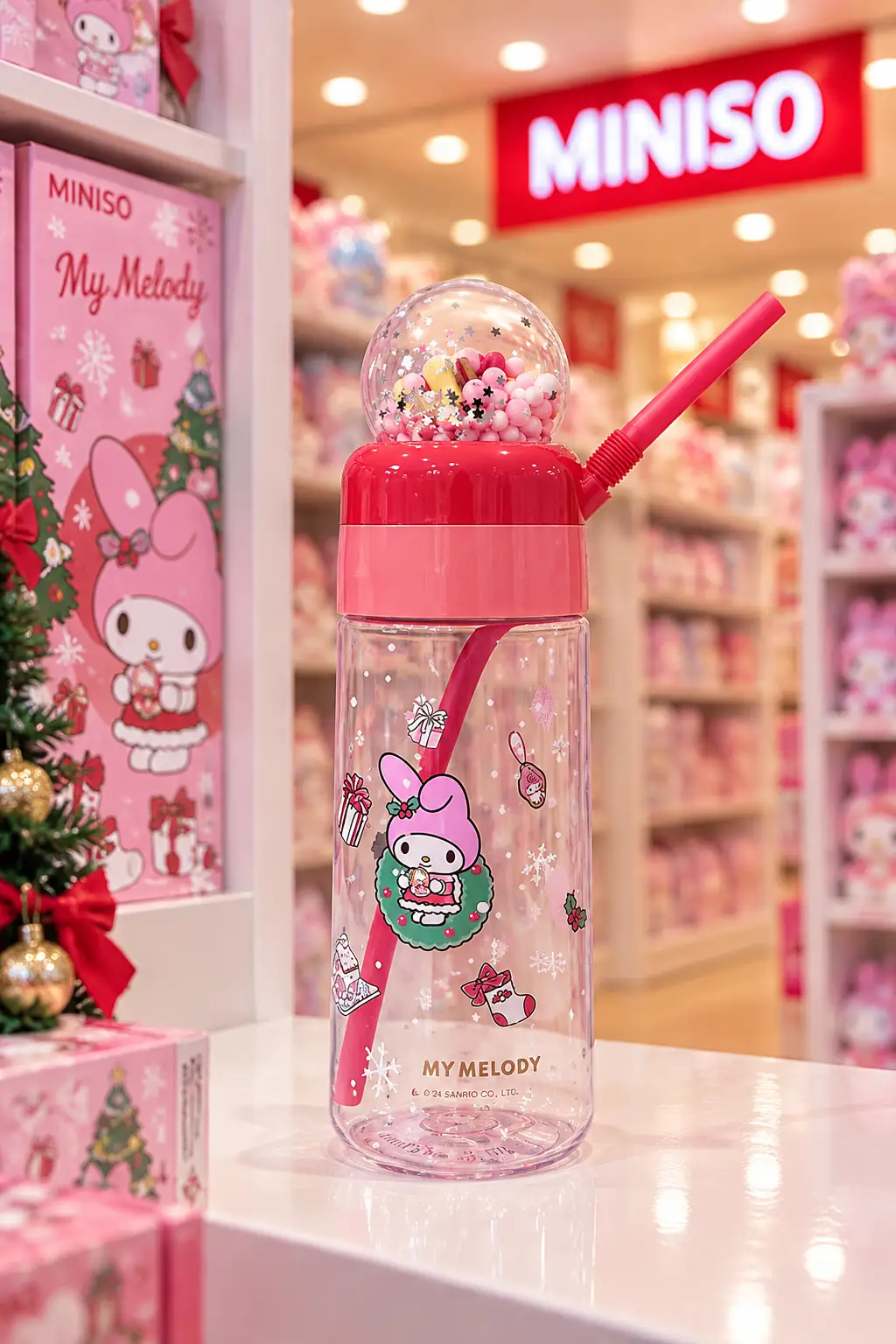 Sanrio Lisanslı My Melody Yılbaşı Koleksiyonu Pipetli ve Kristal Küreli Şişe – Eğlenceli Pembe Matara