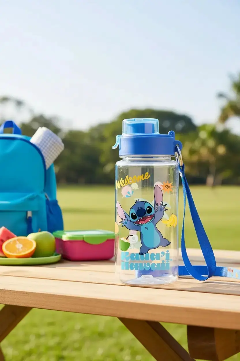 Disney Lisanslı Lilo & Stitch Renkli Yaz Askılı Plastik Matara 19,5 Cm – Eğlenceli Tasarım