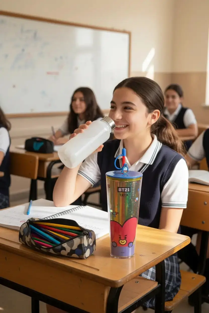 BT21 Lisanslı Tata Çift Cidarlı Pipetli Şişe – Holografik Tasarım Soğuk İçecek Matarası 800 Ml