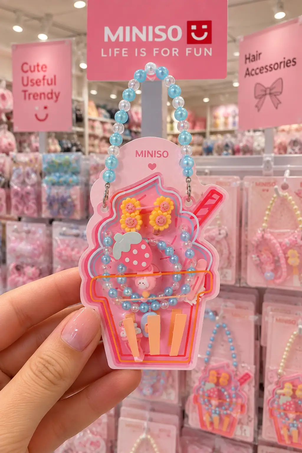 Miniso Lisanslı Lovely Serisi Küçük Dondurma Figürlü Toka Seti – İnci Saplı Taşıma Çantalı ve Renkli Saç Aksesuarı