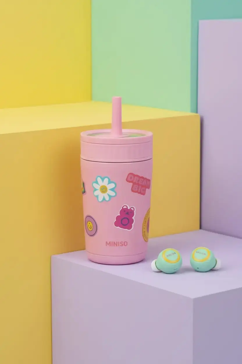 Miniso Lisanslı DIY Serisi Pipetli Çift Cidarlı Çelik Şişe 370 mL – Kompakt Tasarım