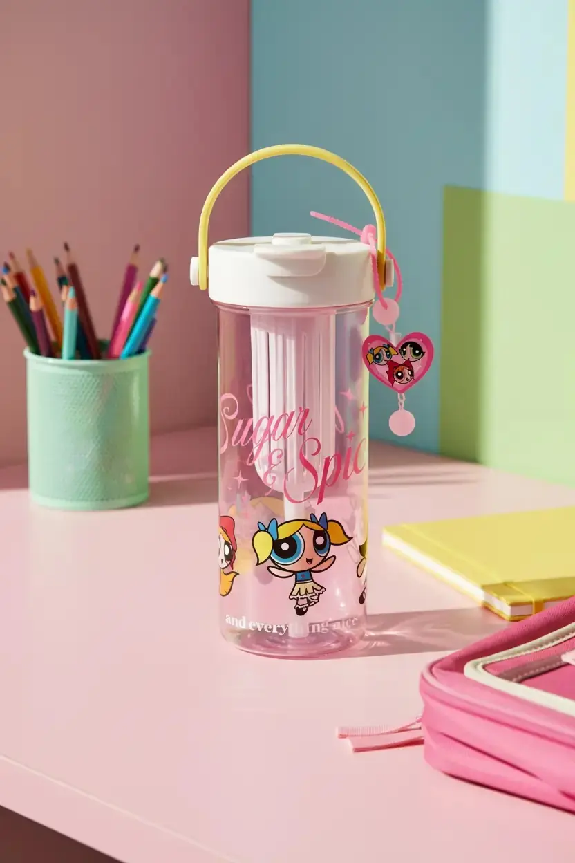 The Powerpuff Girls Lisanslı Saplı Çift İçimli Plastik Matara 20,8 Cm – Eğlenceli Tasarım
