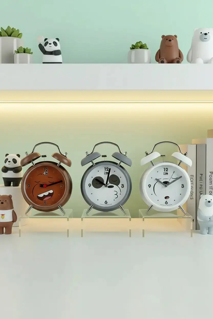 We Bare Bears Lisanslı Çalar Saat – Grizz, Panda ve Ice Bear Tasarımlı Metal Masa Saati 16 Cm