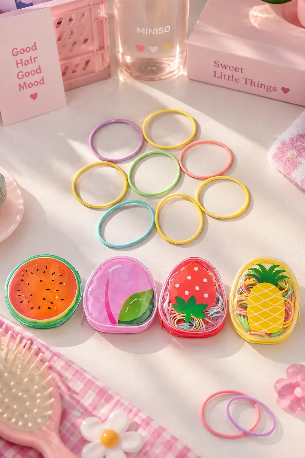 Miniso Lisanslı Meyve Resimli Çantalı Renkli Saç Lastiği Seti – Eğlenceli ve Esnek Saç Aksesuarı 200 Adet