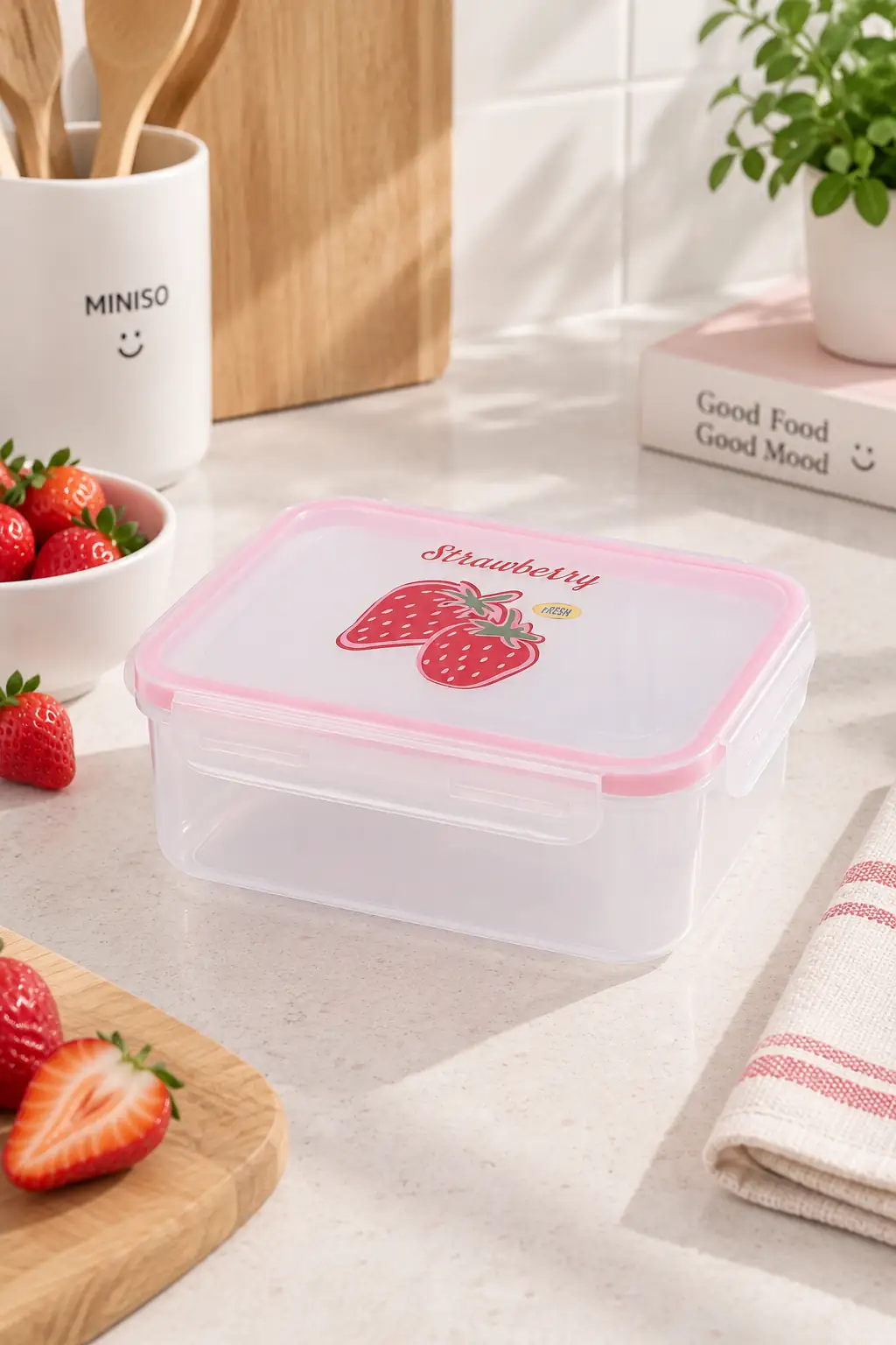 Miniso Lisanslı Çilek Serisi Tokalı Yemek Kabı 1000 Ml – 4 Taraflı 18 Cm