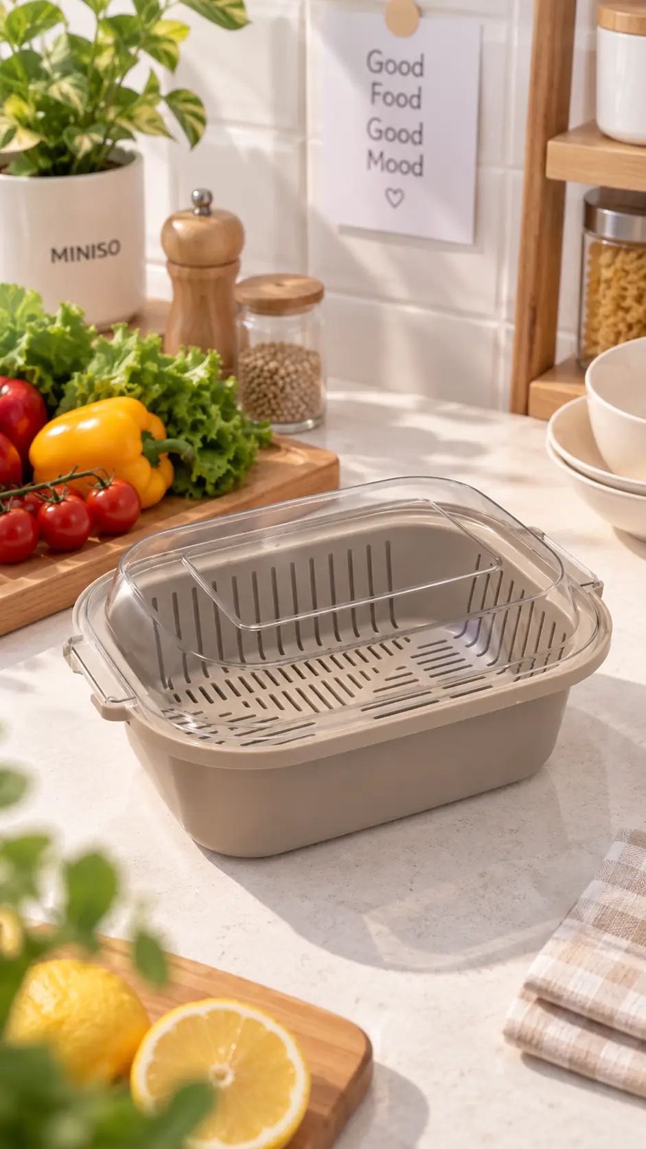 Miniso Lisanslı Klasik Seri Çok Amaçlı Süzgeçli Gıda Kabı 21,5 Cm – Koyu Renk