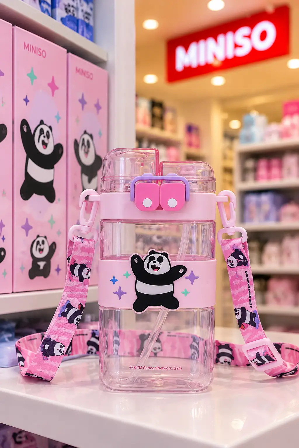 We Bare Bears Lisanslı Omuz Askılı Plastik Şişe 560ml - Panda Tasarımlı Neşeli İçecek Arkadaşı