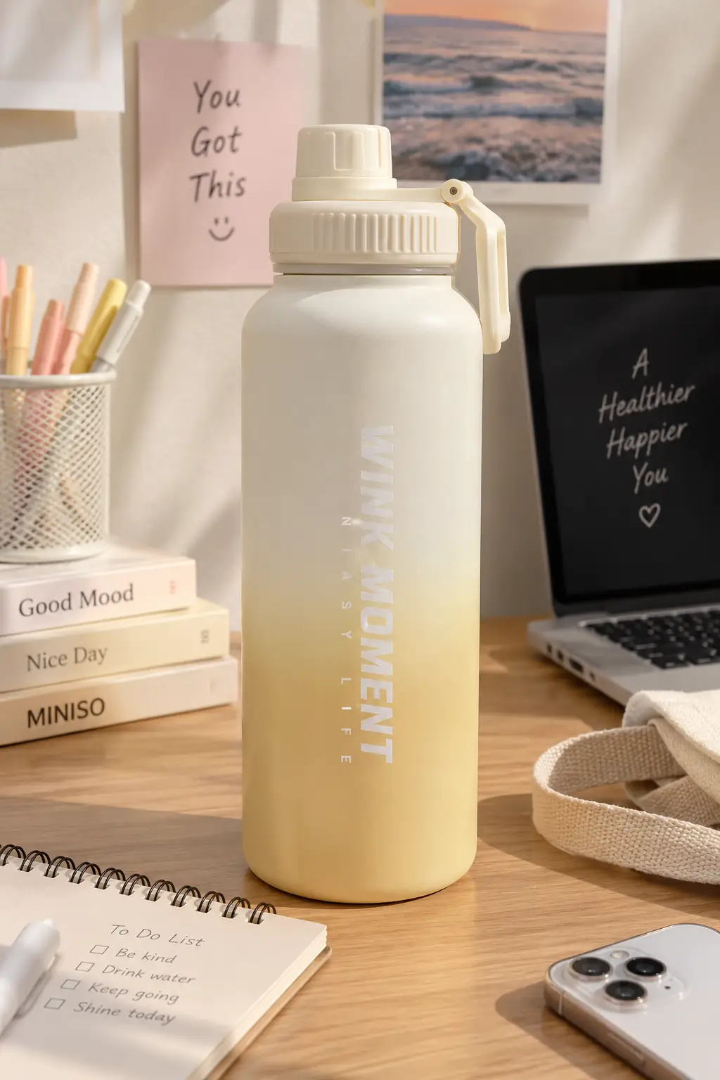Miniso Lisanslı Turuncu Beyaz Gradyan Termos 950 mL – Tutacaklı Tasarım