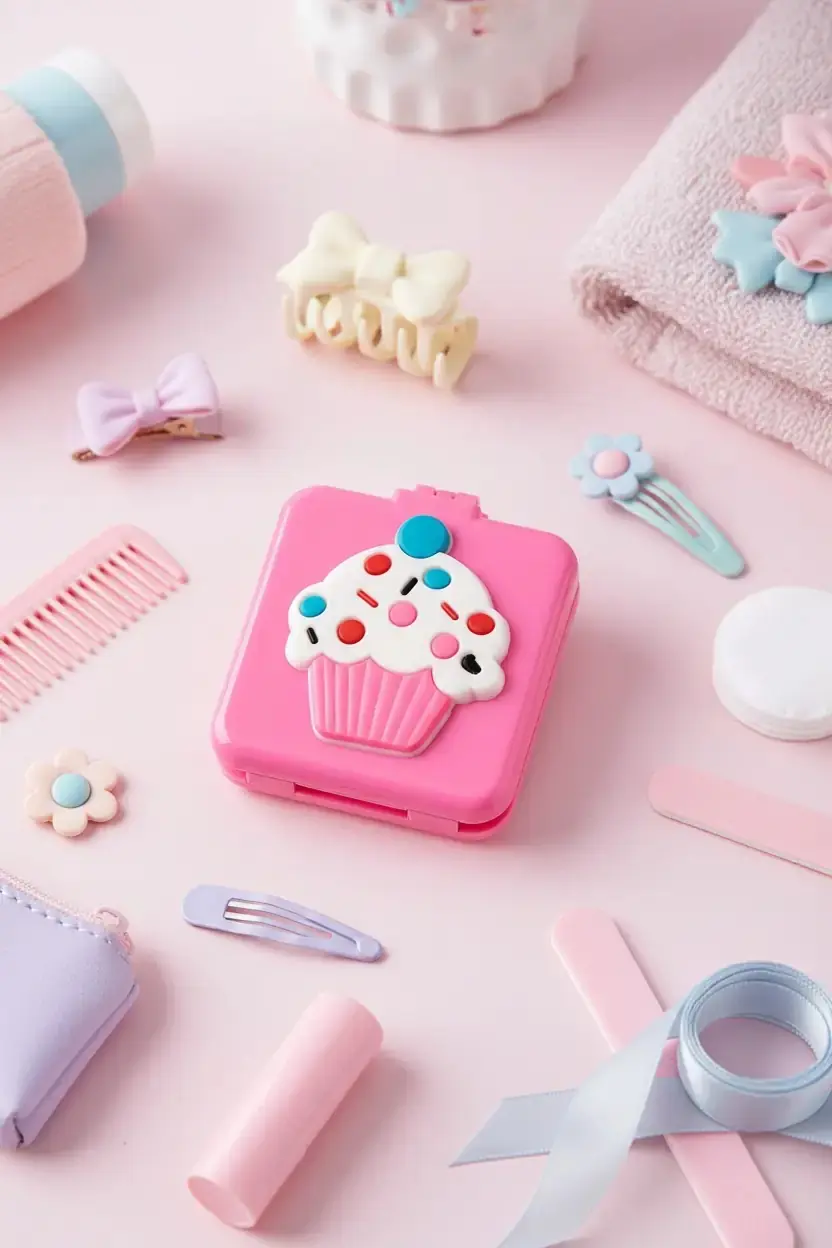 Aynalı Seyahat Saç Fırçası – Cupcake Figürlü Katlanabilir Tarak