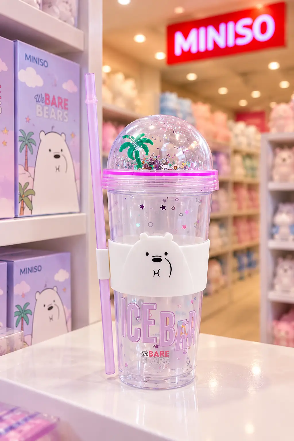 We Bare Bears Lisanslı Ice Bear Tasarımlı Pipetli ve Kapaklı Simli Plastik Suluk - BPA İçermeyen Matara