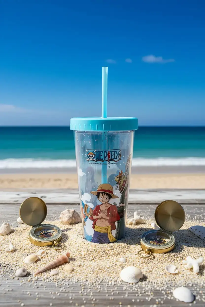 One Piece Lisanslı Çift Cidarlı Pipetli Plastik Su Kabı Mavi – 420 ml Terleme Yapmaz Şeffaf Matara