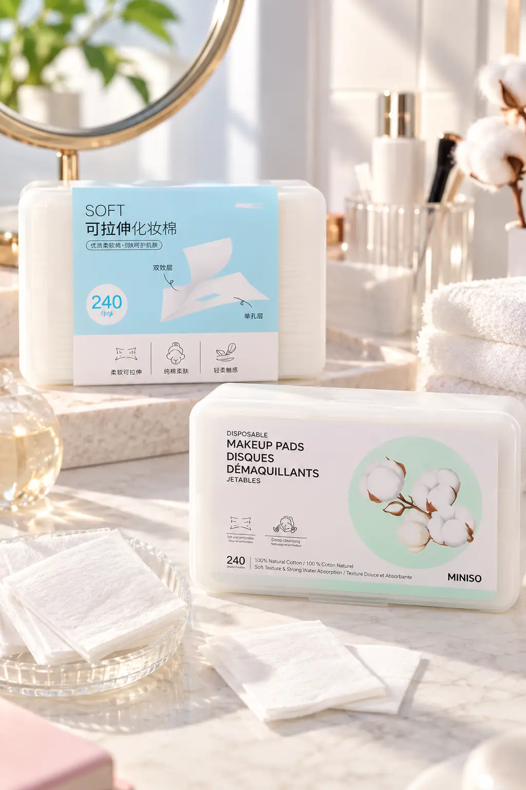 Miniso Lisanslı Esnek Makyaj Pamuğu 240 Yaprak – Tek Delikli ve Standart