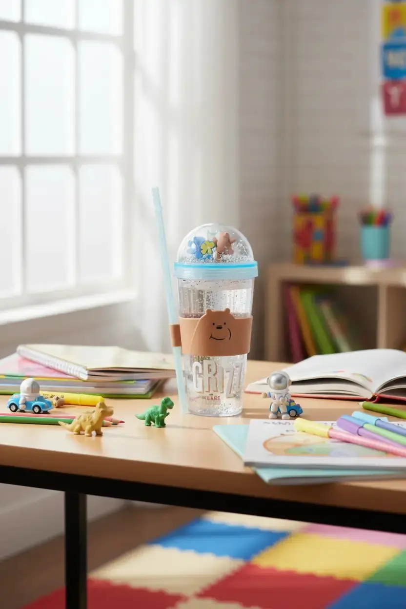 We Bare Bears Lisanslı Grizz Tasarımlı Pipetli ve Kapaklı Simli Plastik Suluk - BPA İçermeyen Matara