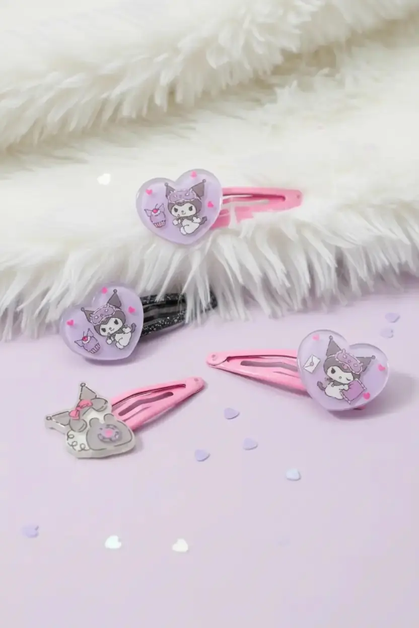 Sanrio Lisanslı Kuromi Figürlü Saç Tokası 11,5 Cm – Pembe Siyah Sevimli Aksesuar Seti