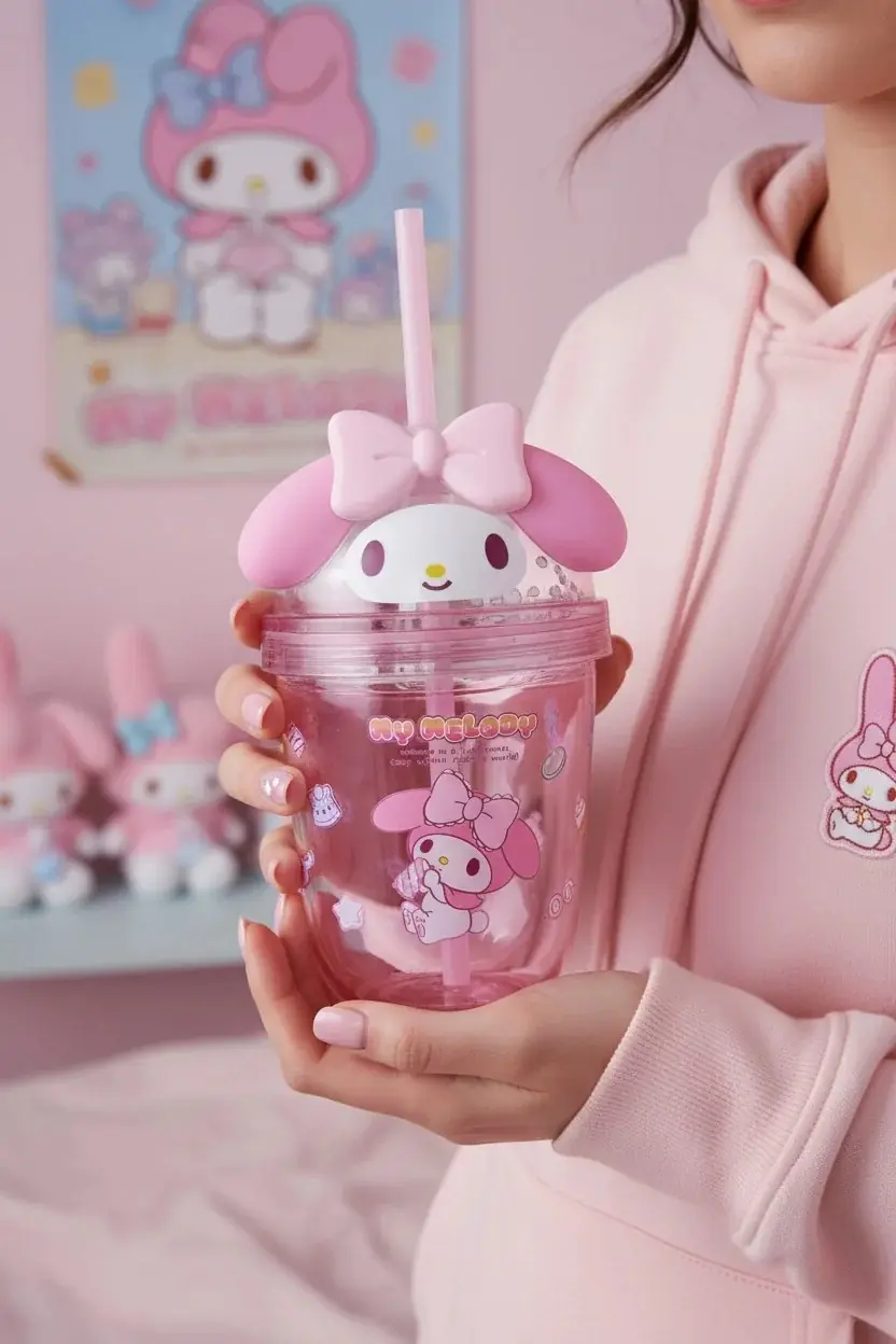 Sanrio Lisanslı My Melody Tatlı Fabrikası Serisi Fiyonk Detaylı Pipetli Su Şişesi 435 ml