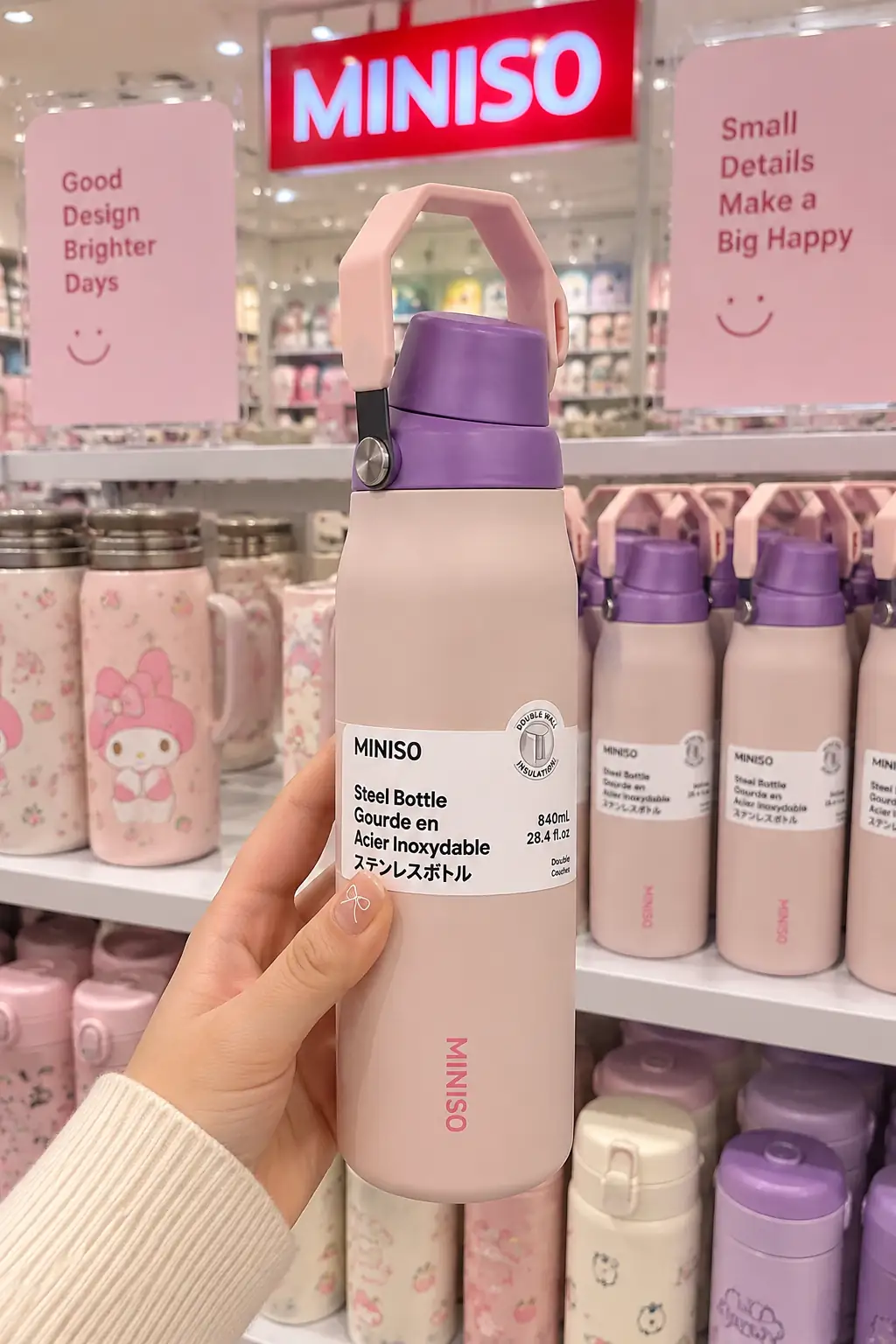 Miniso Lisanslı Saplı Paslanmaz Çelik Şişe 840 mL – Çift Katmanlı Pembe