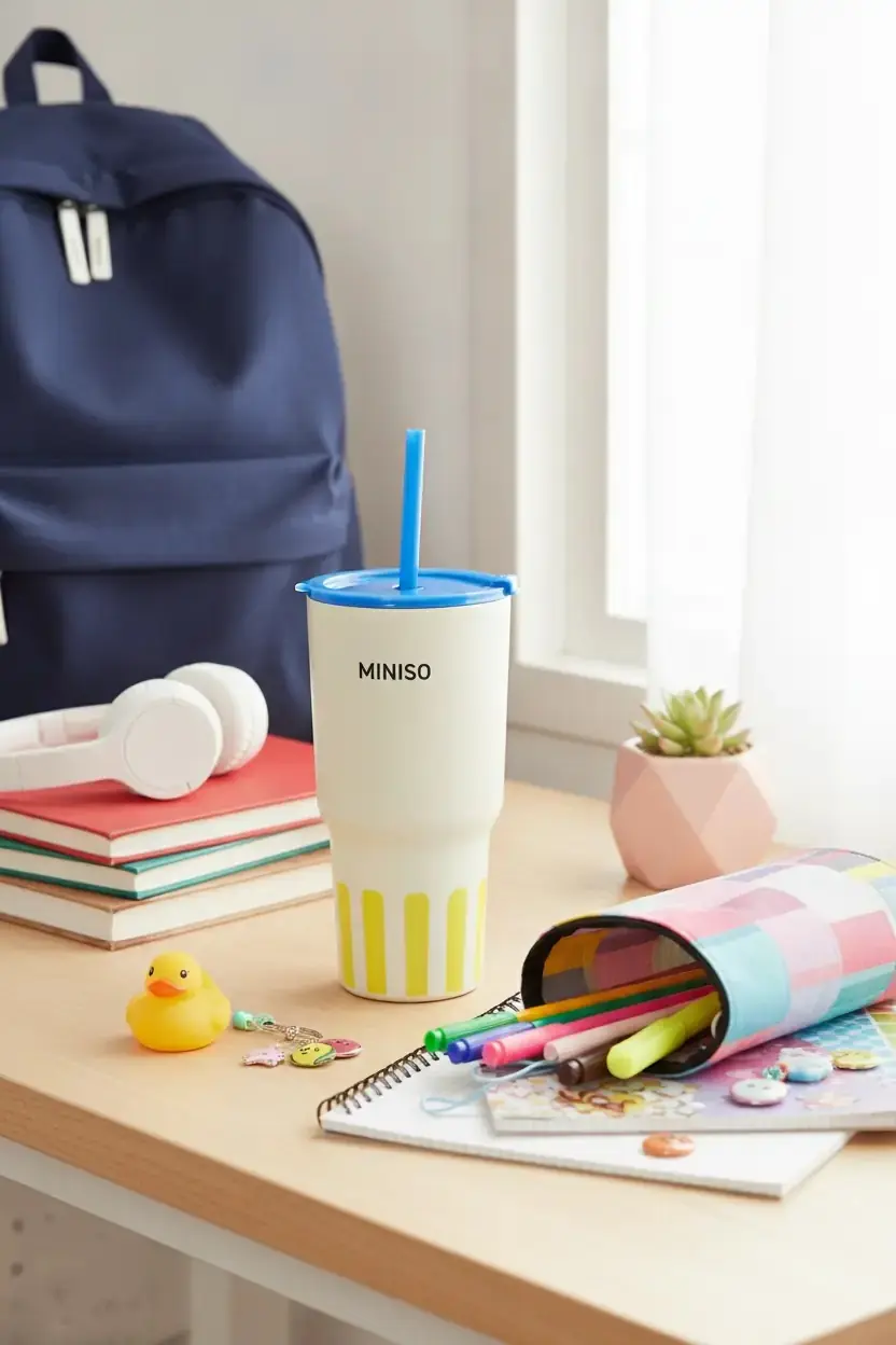 Miniso Lisanslı Çizgili Pipetli Çelik Matara – Sızdırmaz